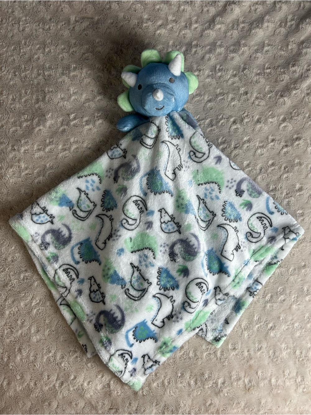 Baby Kiss Dinosaur Lovey Security Blanket Blue White Green Large Oversized Gray